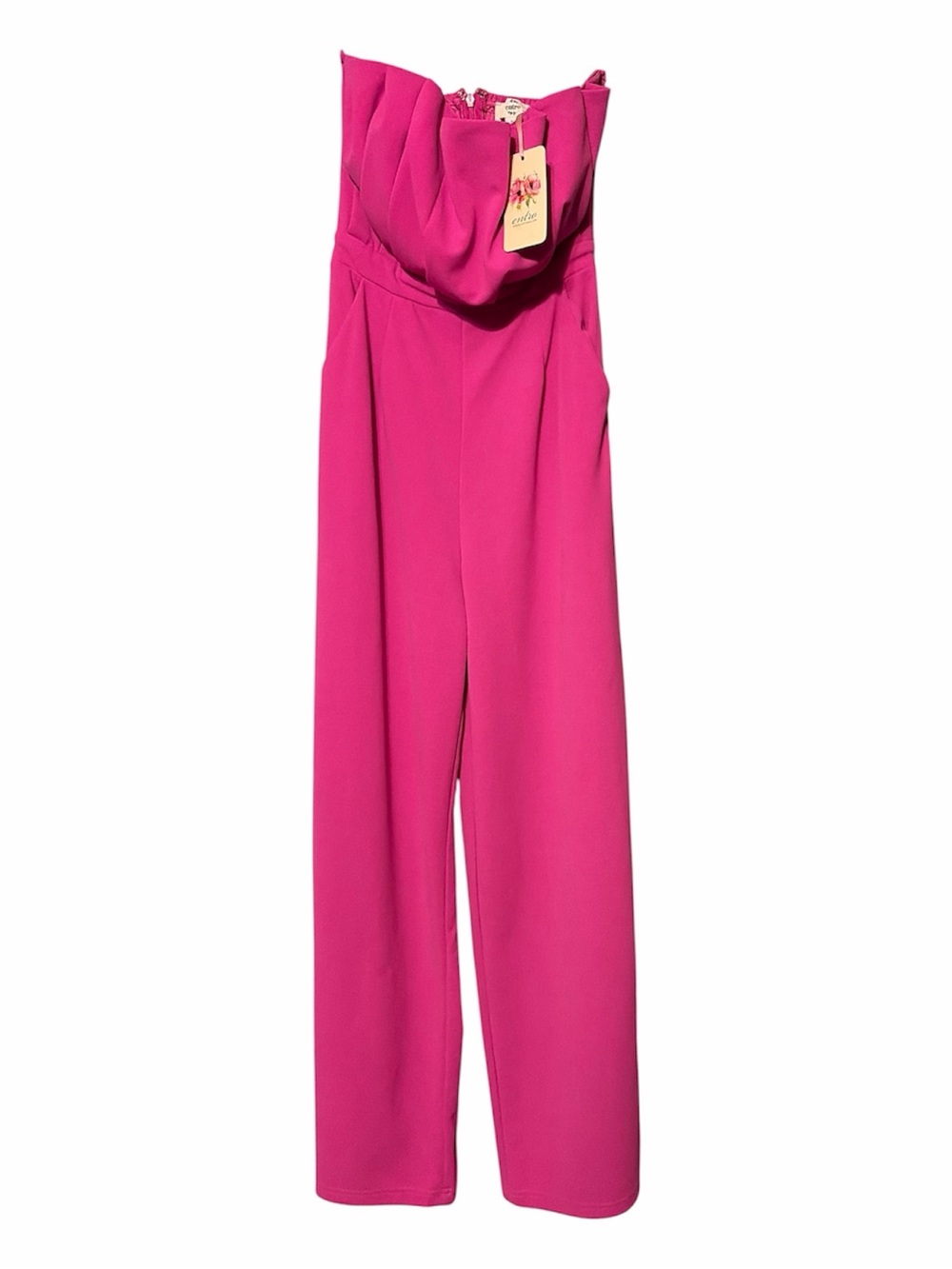 Entro Fuchsia Pink Strapless Pleated Bodice Wide Leg Jumpsuit - Picture 2 of 13